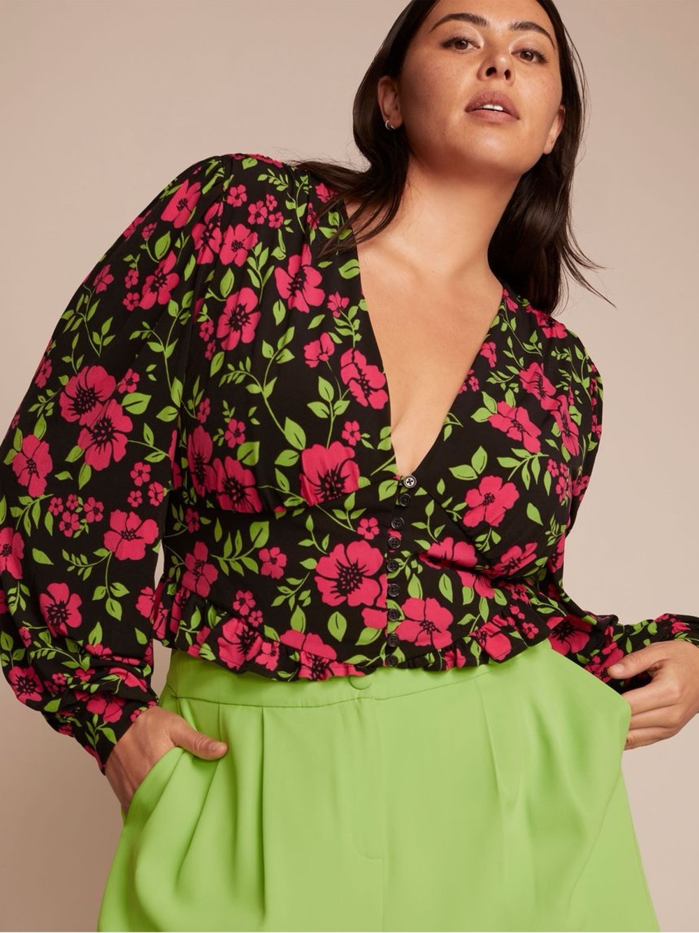 11 Honore Frankie Floral Peplum Top Size 2 (18-20) Black Floral